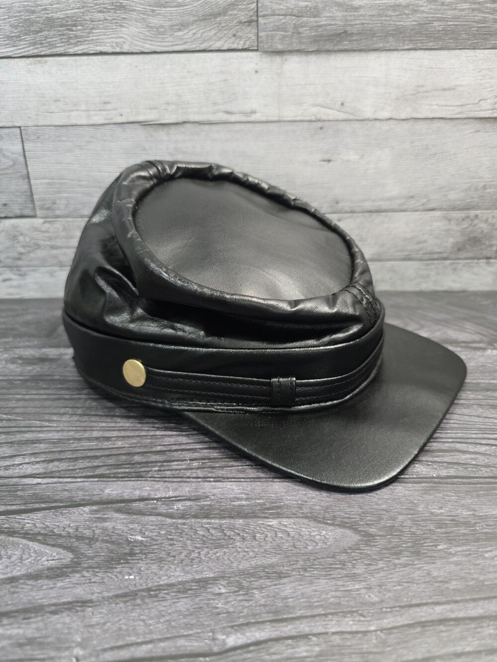 Genuine Black Leather Kepi Hat Peaked Cap Size Medium Military Biker Officer